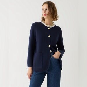 J. Crew Giselle Sweater Blazer Jacket in Navy Small Button Front Pockets Wool